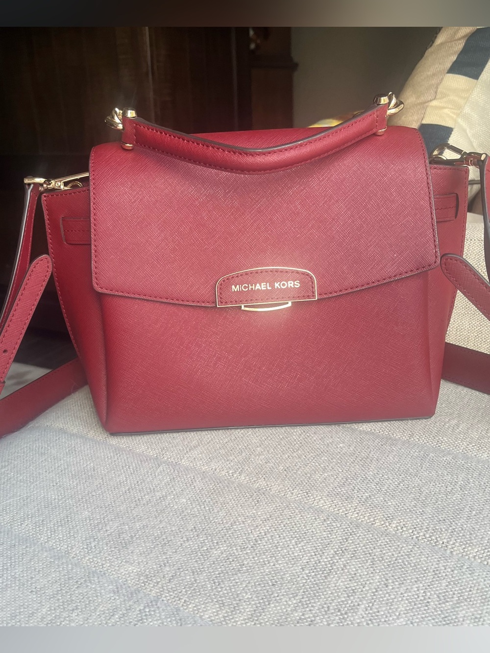 Michael Kors Red Saffiano Leather Satchel with Gold Hardware